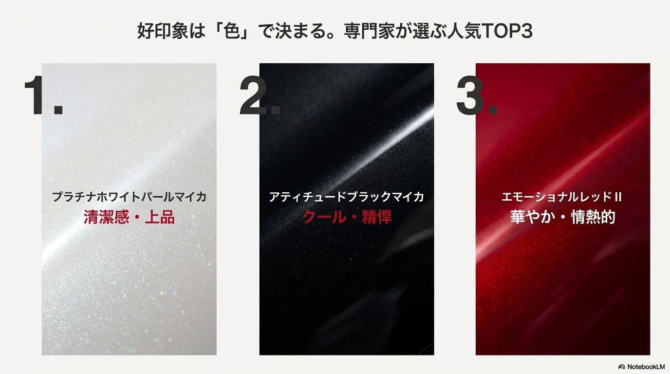 1位プラチナホワイトパールマイカ、2位アティチュードブラックマイカ、3位エモーショナルレッドIIを比較したランキングスライド