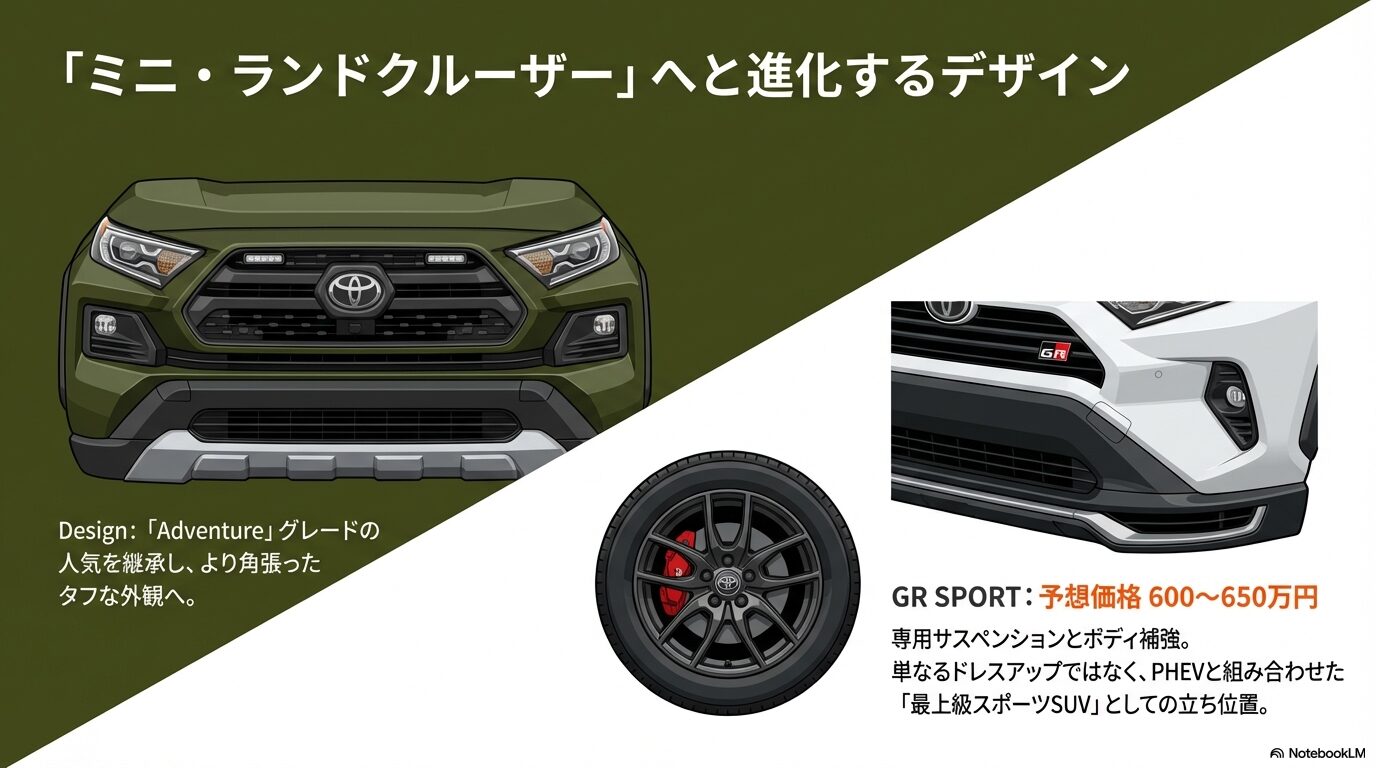 GR SPORTの予想価格600〜650万円、専用サスペンション、ボディ補強、最上級スポーツSUVとしての立ち位置を説明するスライド。