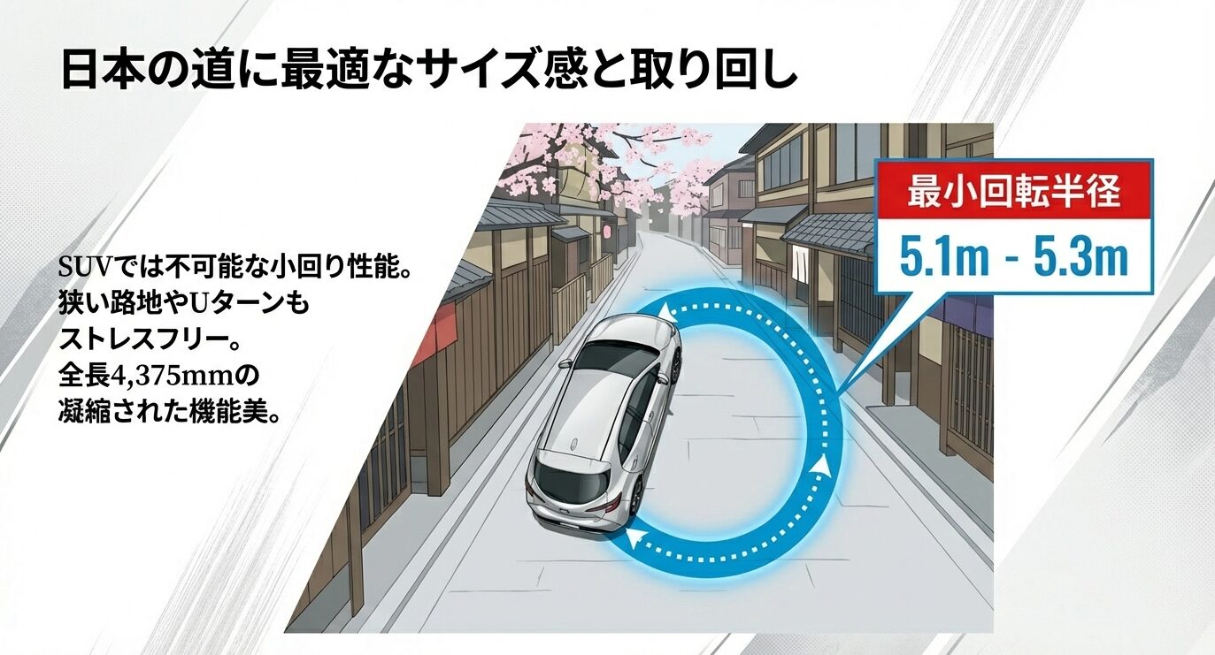 最小回転半径5.1mから5.3mを実現したカローラスポーツの取り回しの良さを示すイラスト