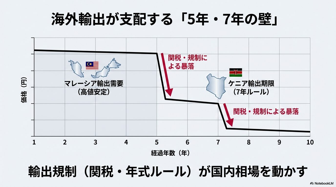 経過年数グラフ。マレーシア向けの5年、ケニア向けの7年ルールを境に関税や規制によって価格が階段状に暴落する様子を示す図 。