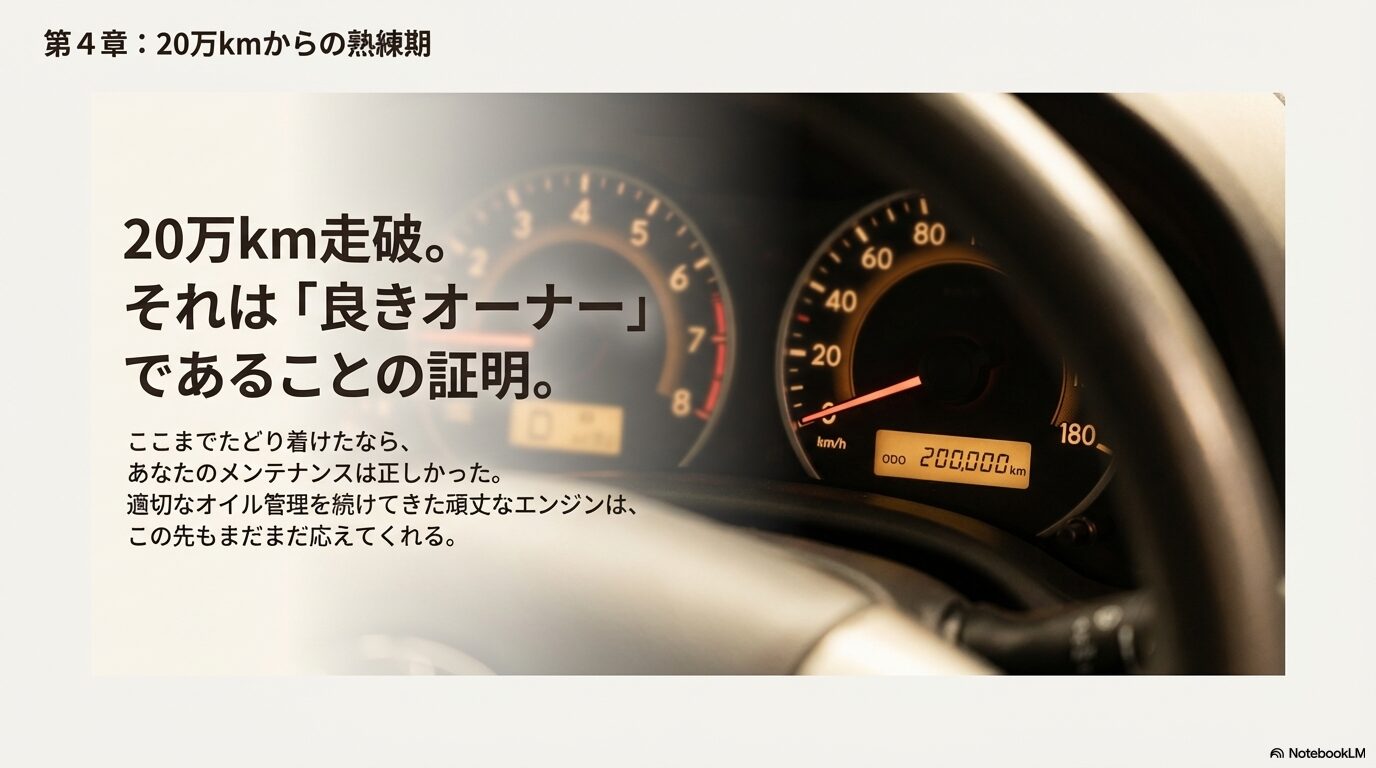 オドメーターが200,000kmを指す画像と、フィールダーとのさらなる10万キロ走行を促すエンディングメッセージ。