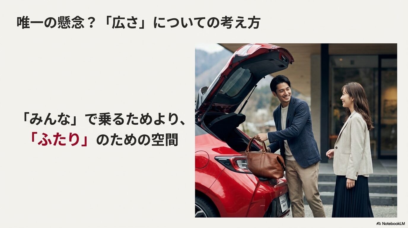 カローラスポーツのハッチを開けて荷物を積もうとしているカップルの画像と「ふたりのための空間」というコピー