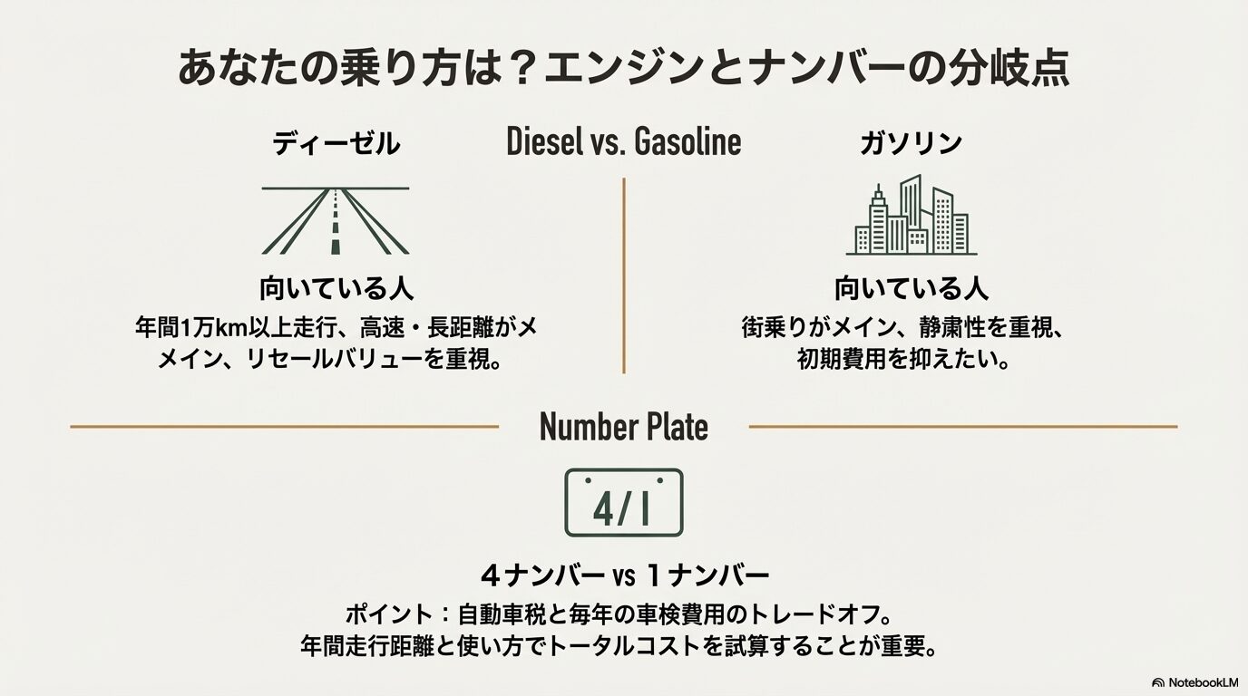 ディーゼルとガソリン、4ナンバーと1ナンバーそれぞれのメリットと、向いている人の条件（走行距離や維持費の考え方）を比較した表形式のスライド。