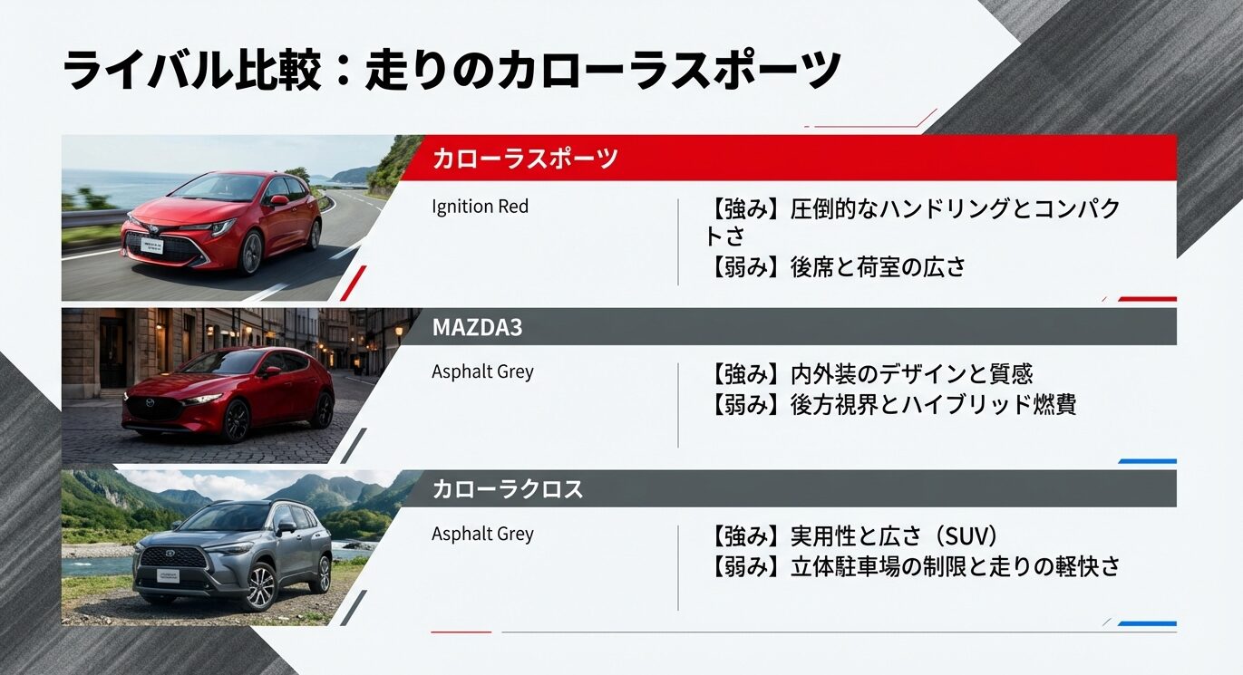 カローラスポーツ、MAZDA3、カローラクロスの強みと弱みを比較した表