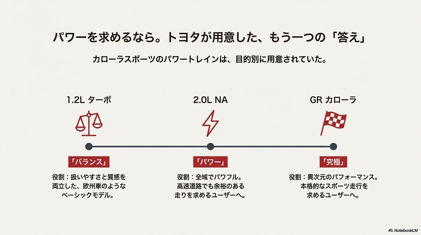 1.2Lターボ（バランス）、2.0L NA（パワー）、GRカローラ（究極）の3つのパワートレインの役割分担を比較したマップ