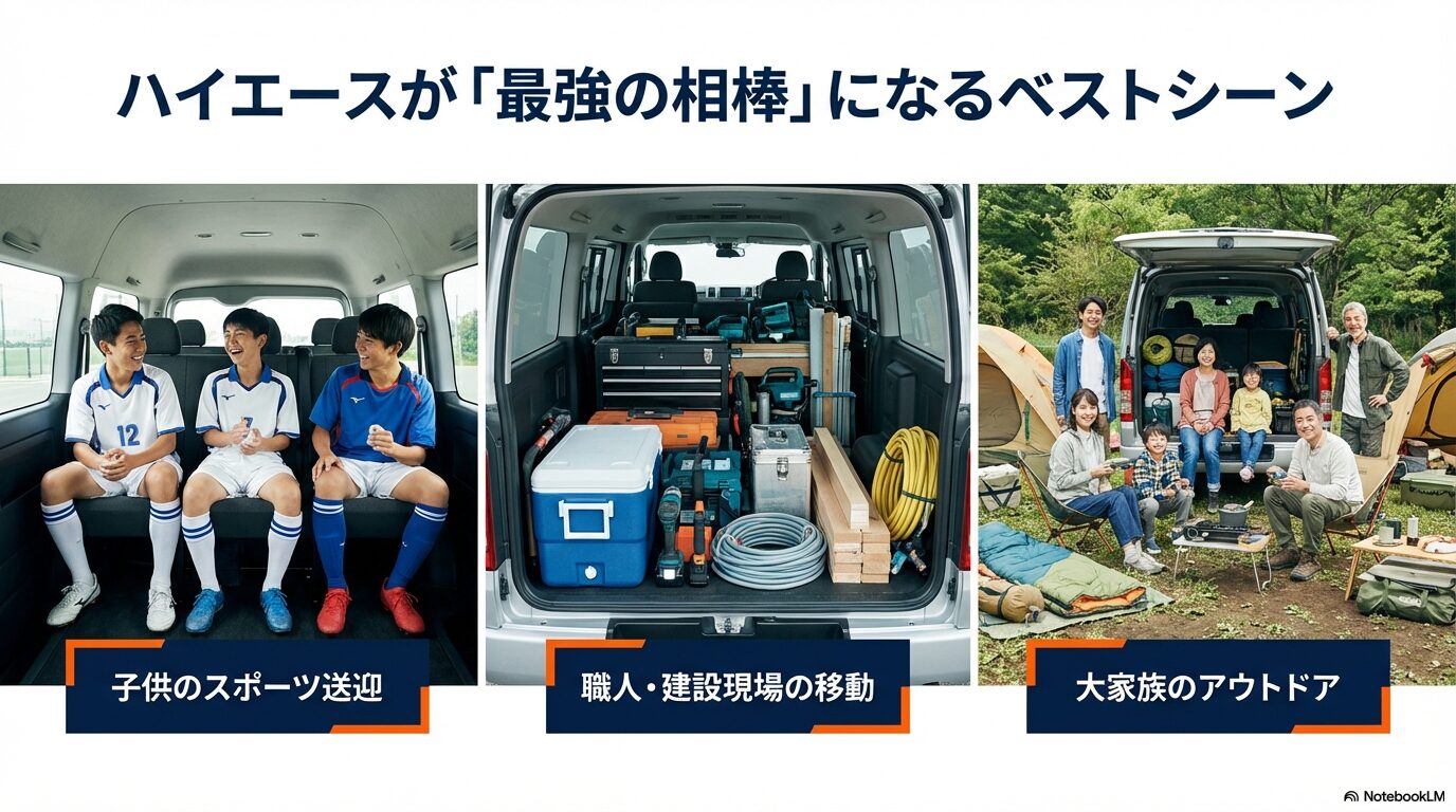 子供のスポーツ送迎、建設現場の移動、大家族のアウトドアなどハイエースが活用されるシーンの事例写真