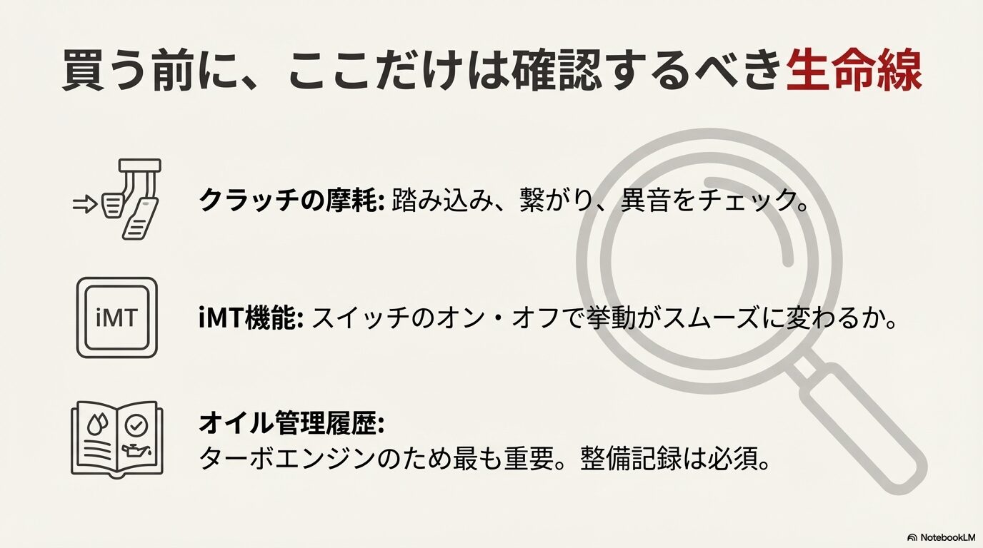 クラッチの摩耗、iMT機能の挙動、オイル管理履歴など、購入前に確認すべき3つの生命線のリスト