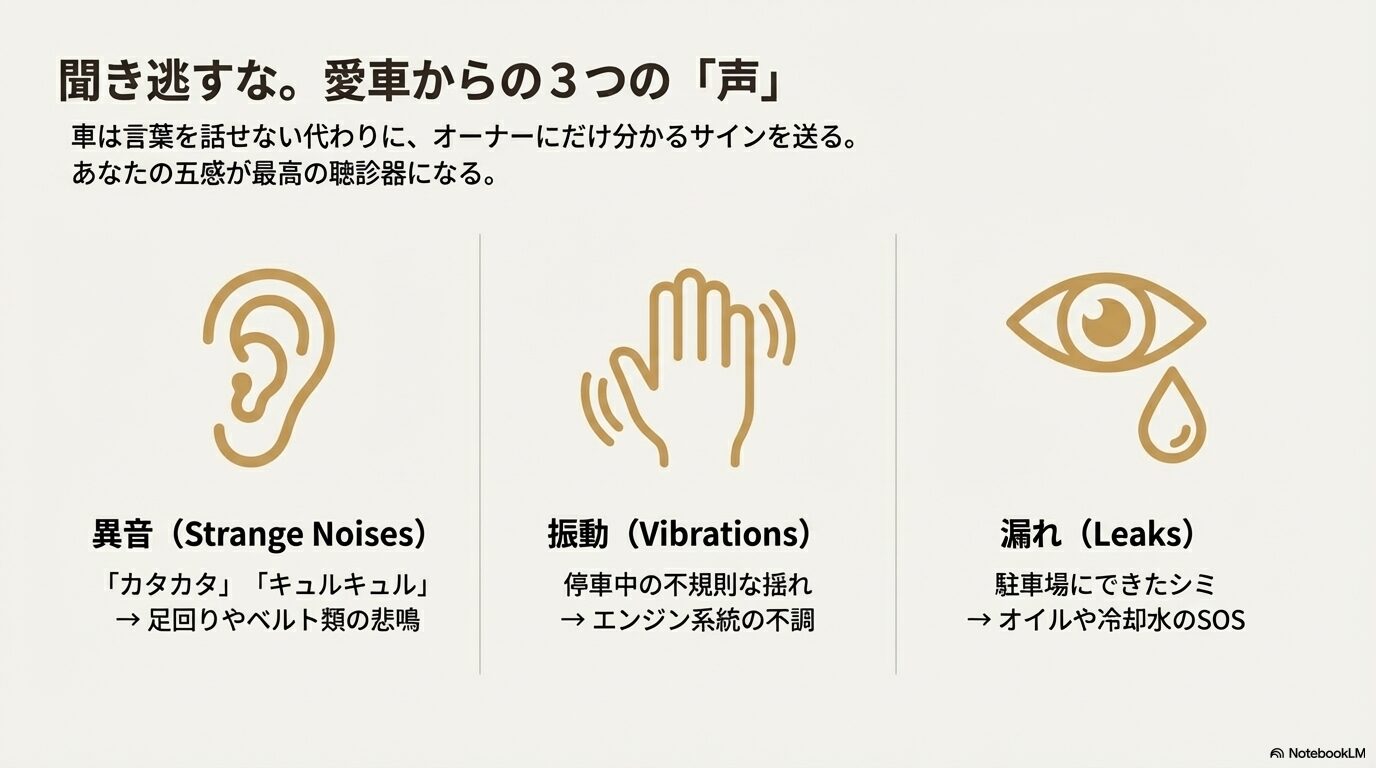 異音、振動、漏れといった、オーナーが五感で察知すべき車両のSOSサインを解説するイラスト。