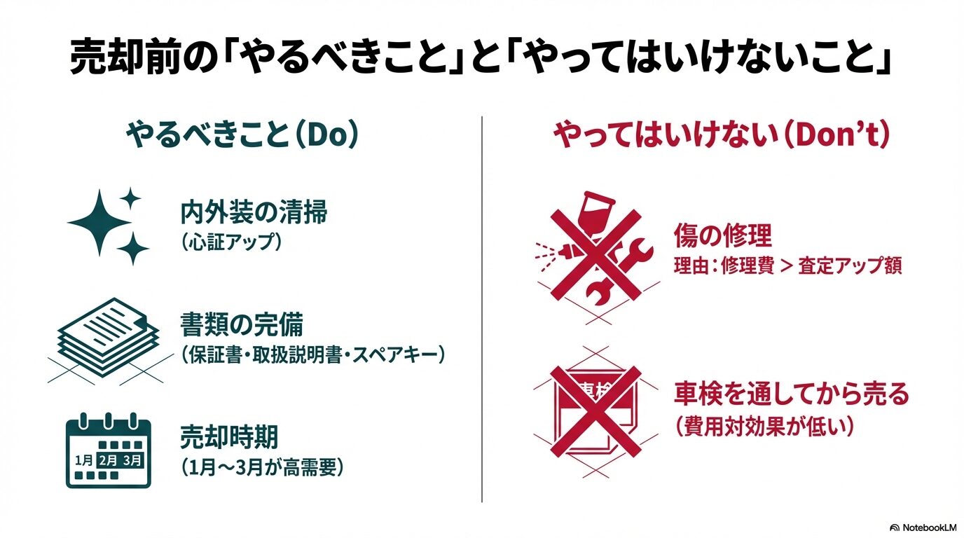 清掃や書類完備などの「やるべきこと」と、傷の修理や車検取得などの「やってはいけないこと」を対比させたアイコン図解 。