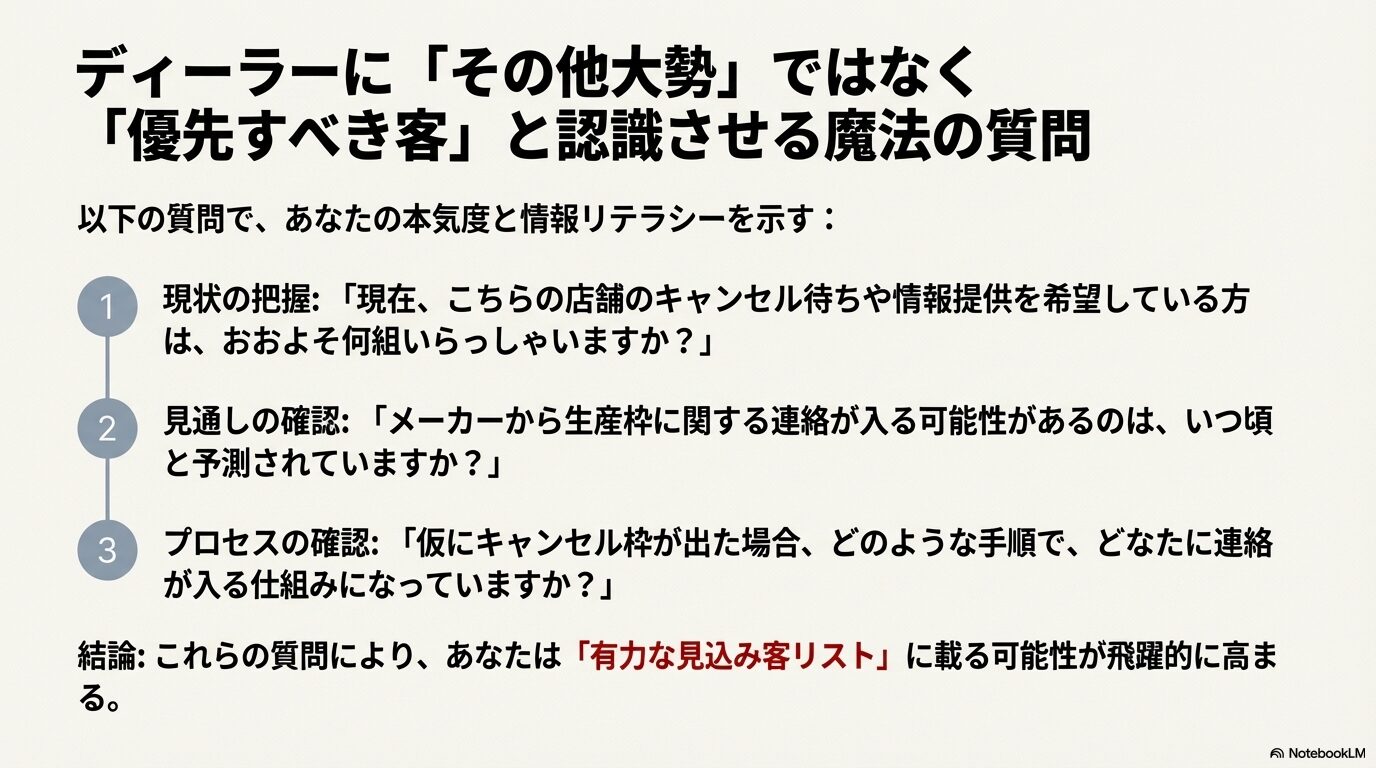 現状把握、見通し確認、プロセス確認の3つの質問で本気度を示し、有力な見込み客リストに載るための手順をまとめたスライド。