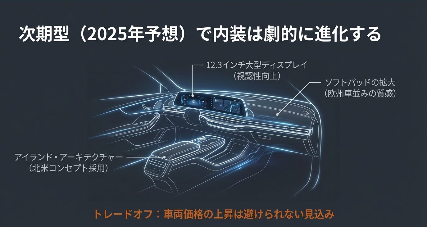 12.3インチ大型ディスプレイやアイランド・アーキテクチャーを採用した、次世代内装のコンセプトスケッチ画像。
