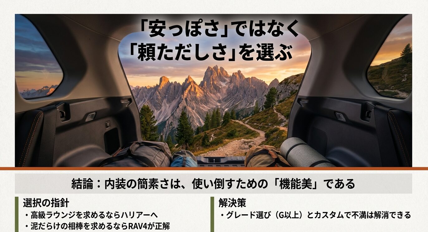 RAV4のリアゲートから山脈を望む画像。「内装の簡素さは使い倒すための機能美である」という結論を伝えるスライド。
