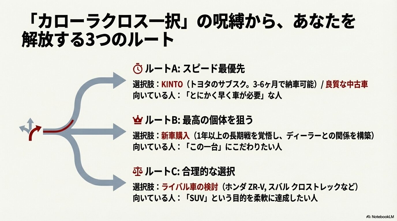 スピード優先（KINTO・中古）、個体へのこだわり（新車・長期戦）、合理的選択（ライバル車）の3つのルートを矢印の図解で示した判断分岐図。