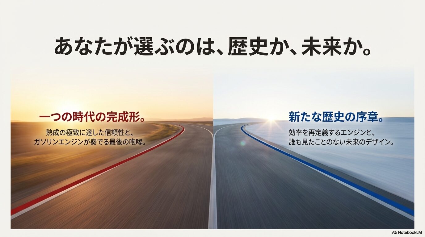 「一つの時代の完成形(歴史)」か「新たな歴史の序章(未来)」かを問いかける、まとめのイメージ画像。