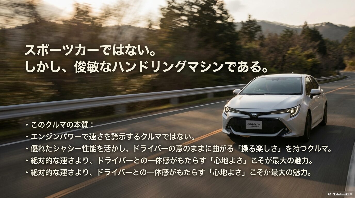 スポーツカーではなく俊敏なハンドリングマシンであるというカローラスポーツの本質。ドライバーの意のままに曲がる楽しさと一体感を強調したメッセージ