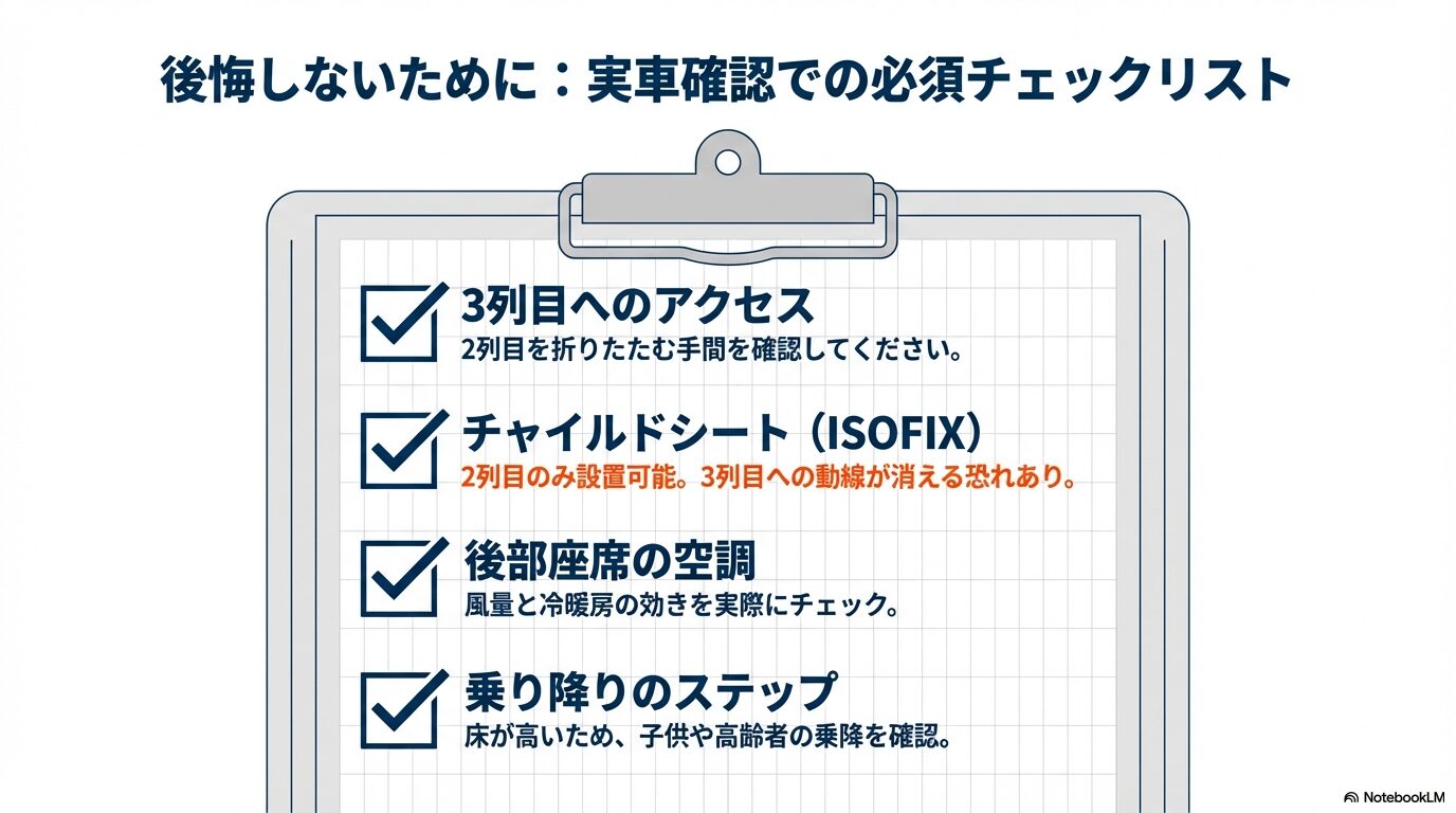 3列目へのアクセス、チャイルドシート、空調、ステップの高さなど購入前に確認すべき重要項目のリスト