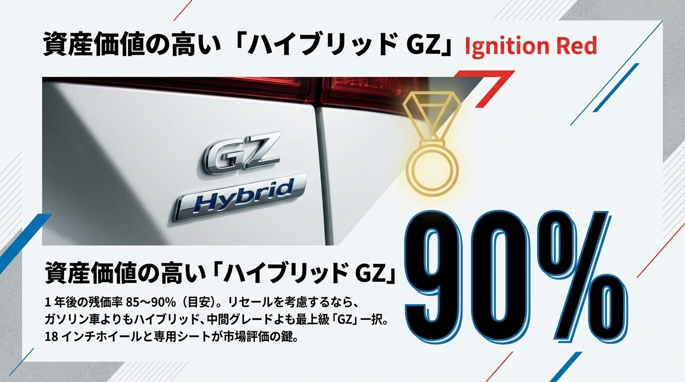 1年後の残価率目安が85%から90%と高いカローラスポーツハイブリッドGZの資産価値解説