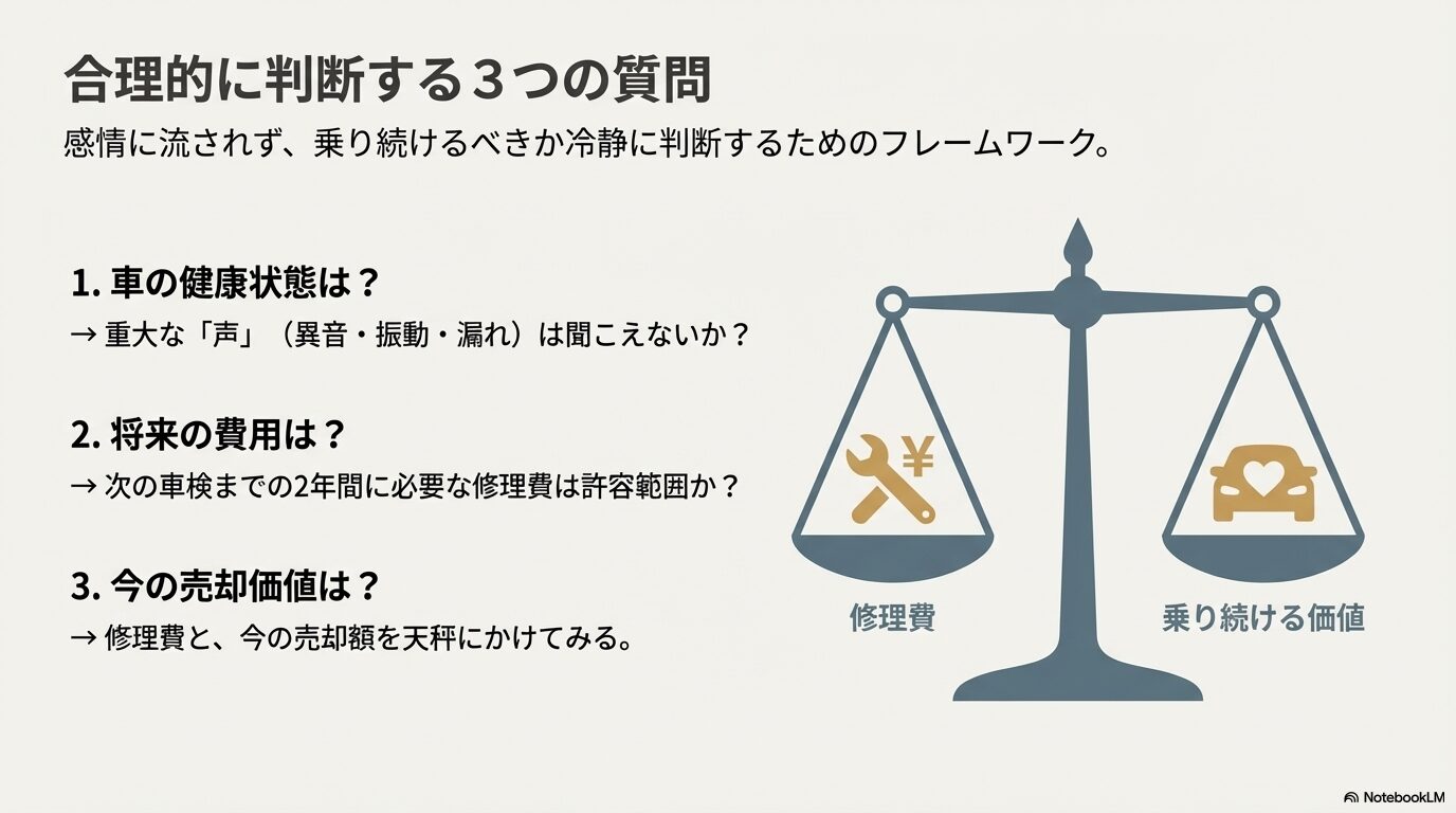 車の健康状態、将来の費用、今の売却価値を天秤にかけて合理的に判断するための3つの質問。