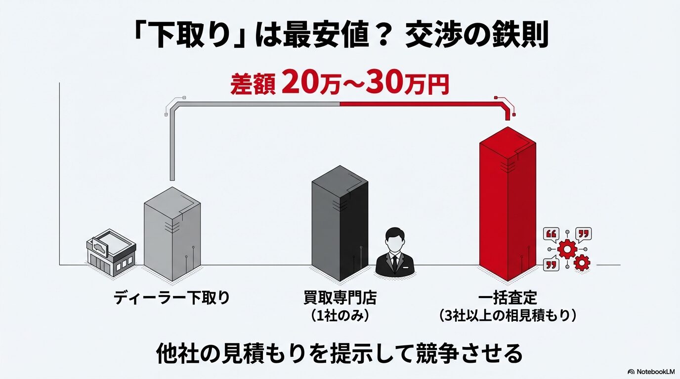 ディーラー下取りと一括査定を比較し、相見積もりによって20万〜30万円の差額が生まれることを示す比較チャート