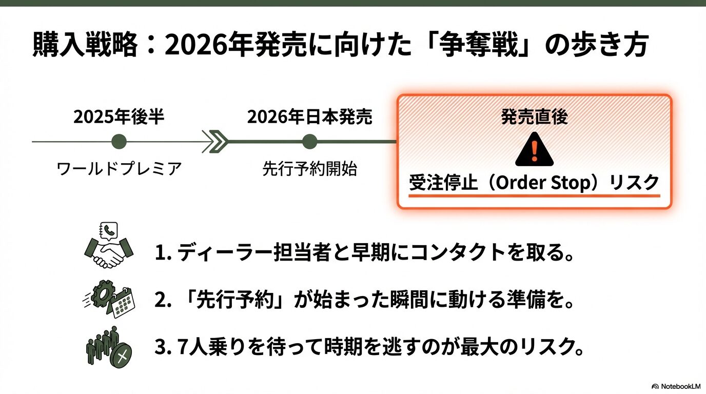 2025年後半のワールドプレミアから2026年日本発売・先行予約開始までの流れと、受注停止リスクを避けるためのディーラーコンタクトを促すタイムラインスライド。
