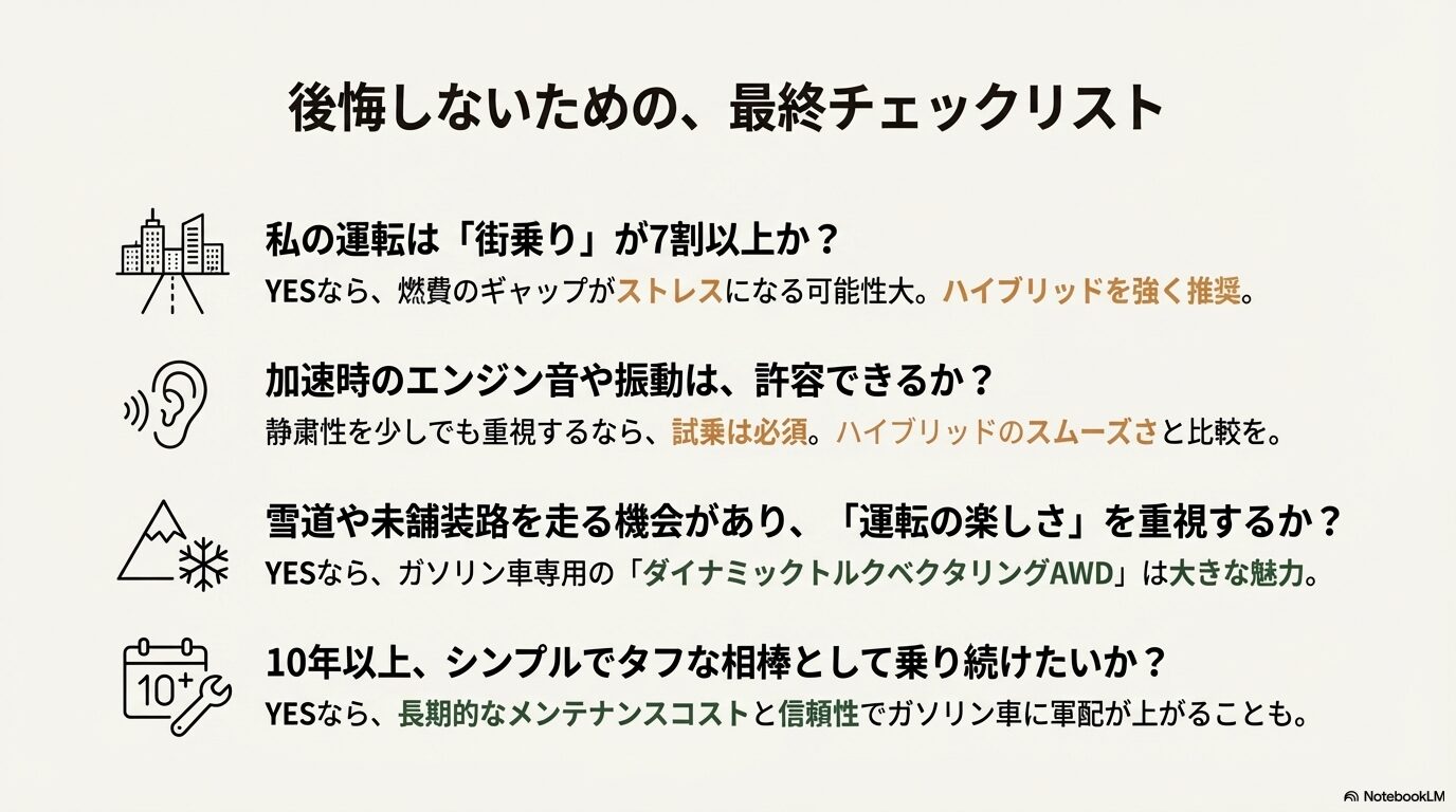 街乗りの割合、静粛性の許容度、運転の楽しさ、10年以上の保有期間をチェックする4つの項目リスト。