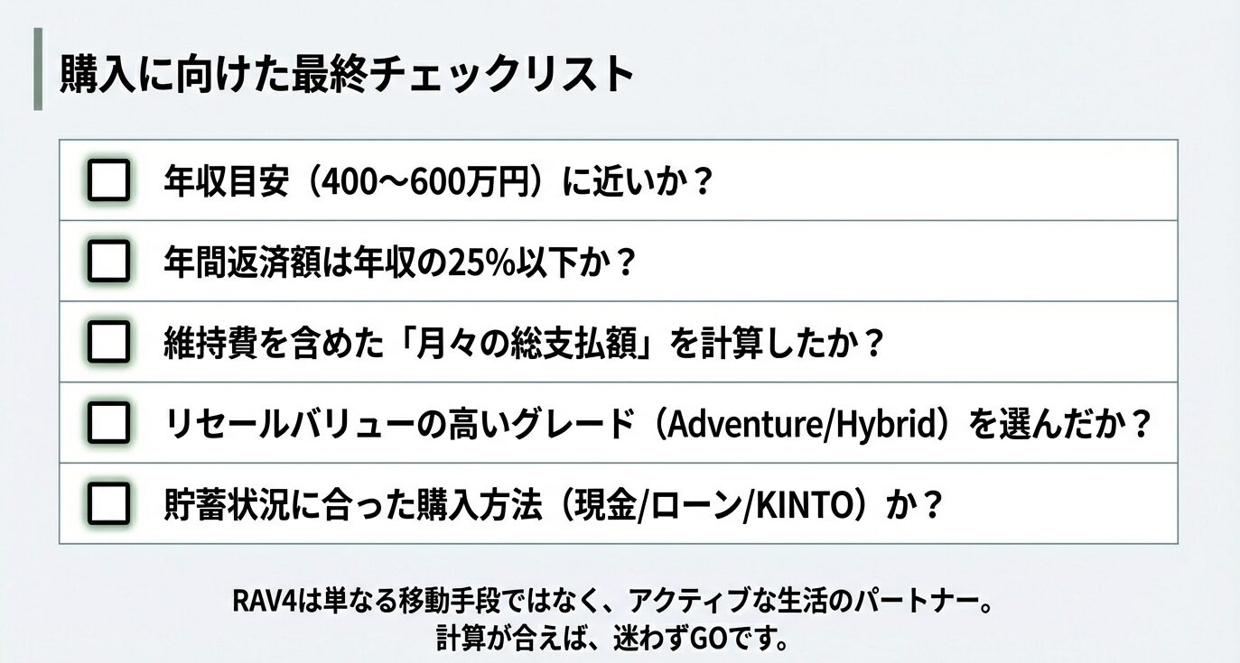 年収目安、返済比率、維持費計算、グレード選び、貯蓄状況の5項目を確認する最終チェックリスト