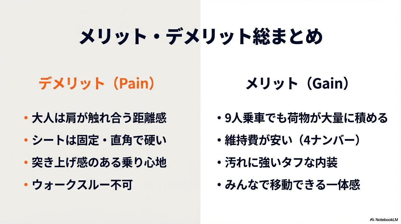 大人は肩が触れ合う狭さや乗り心地の硬さというデメリットと、積載量や維持費の安さというメリットの総まとめ