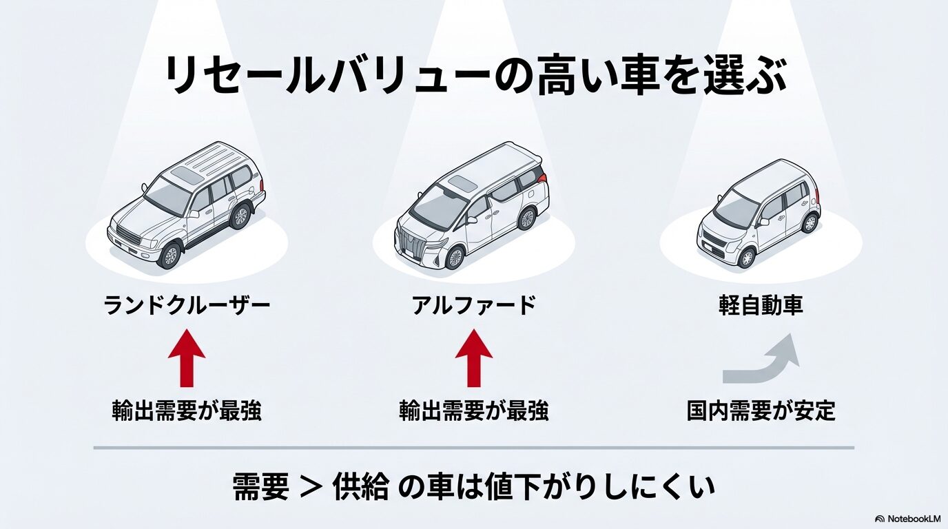 ランドクルーザーやアルファード、軽自動車のイラスト。輸出需要と国内需要がそれぞれ価値を下支えしている構造の解説