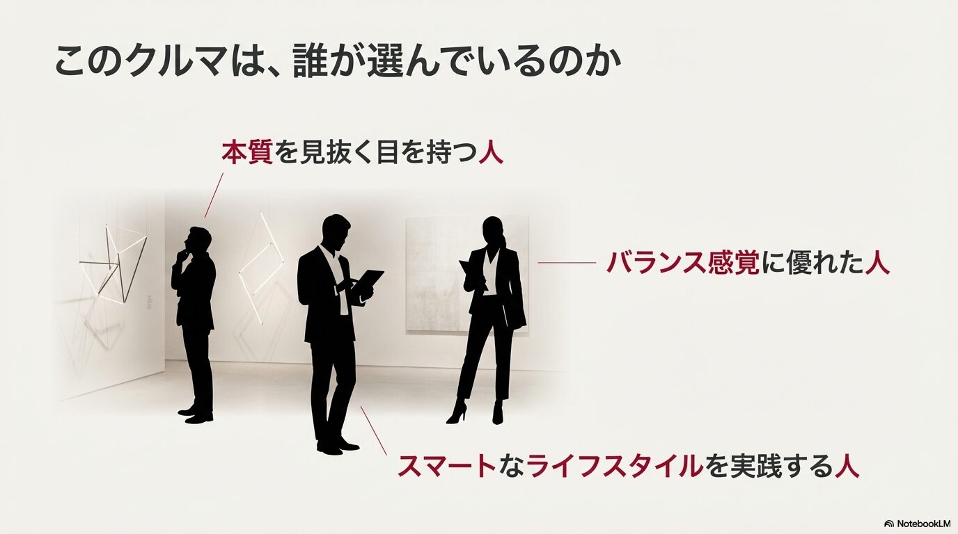カローラスポーツを選ぶ人の特徴として「本質を見抜く目を持つ人」「バランス感覚に優れた人」を挙げたスライド