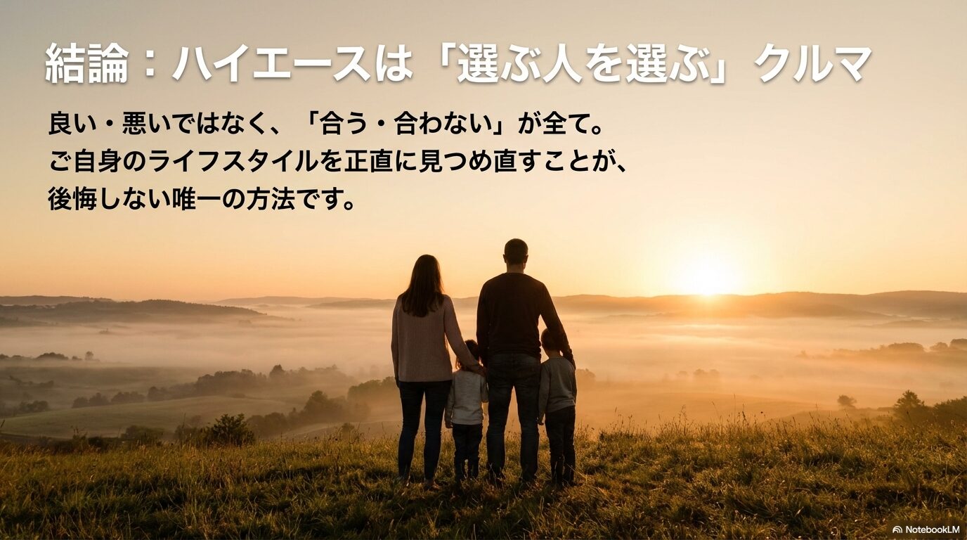 「合う・合わないが全て」という最終メッセージ。ライフスタイルを見つめ直すことが後悔しない唯一の方法であることを伝える結論スライド。
