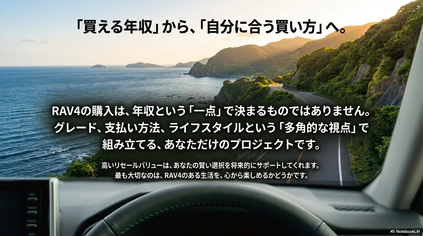 購入は年収だけで決まるものではなく、グレードやライフスタイルで組み立てる自分だけのプロジェクトであるという結論を記したスライド。