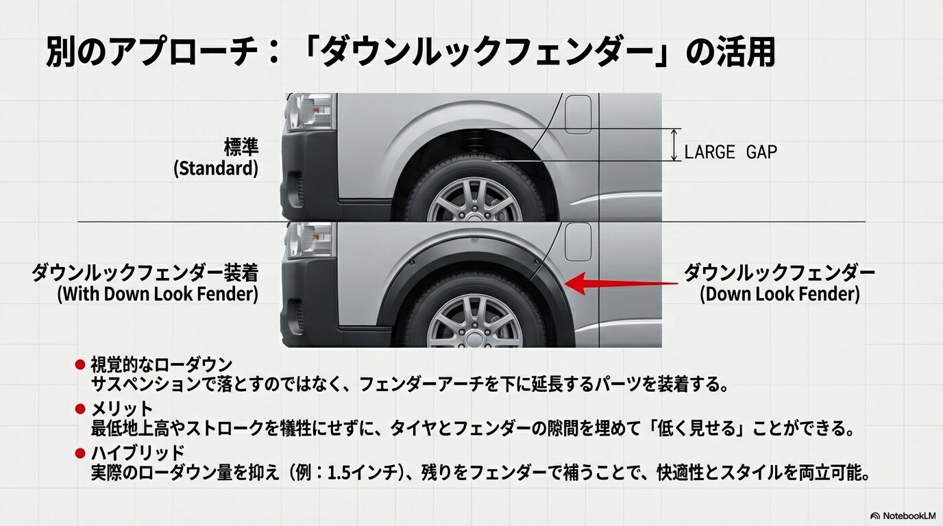 車検証の記載寸法から高さが40mm以上変わる場合に必要となる「構造変更申請」の解説図。2インチ（50mm）ダウンは要申請であることを示している。