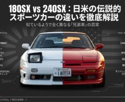 白い180SXと赤い240SXを左右半分ずつ合成し、リトラクタブルヘッドライトを比較したメインビジュアル
