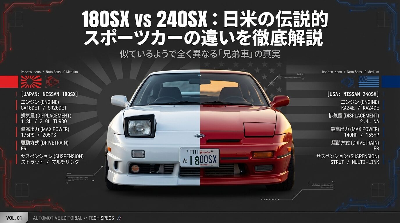 白い180SXと赤い240SXを左右半分ずつ合成し、リトラクタブルヘッドライトを比較したメインビジュアル