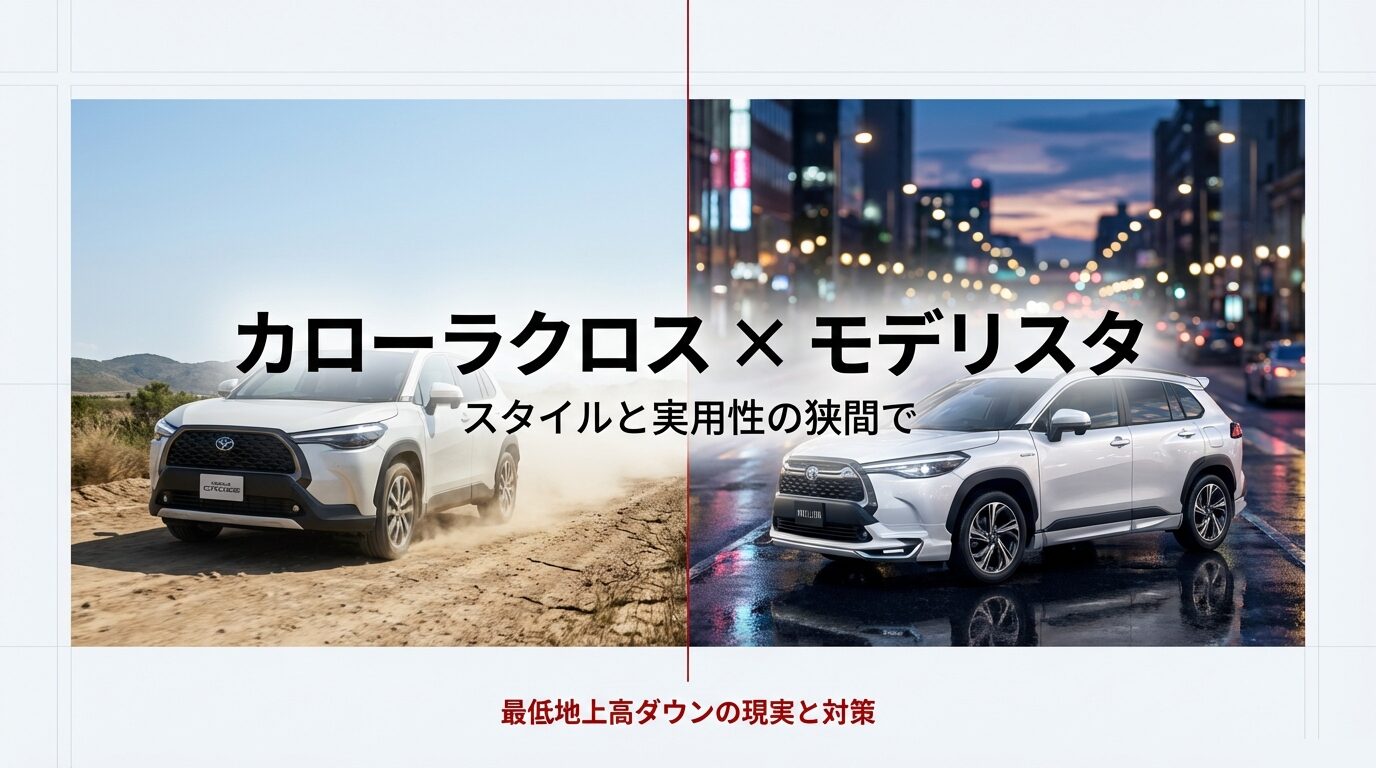 「カローラクロス × モデリスタ スタイルと実用性の狭間で 最低地上高ダウンの現実と対策」と記された、記事のテーマを象徴するタイトルスライド 。