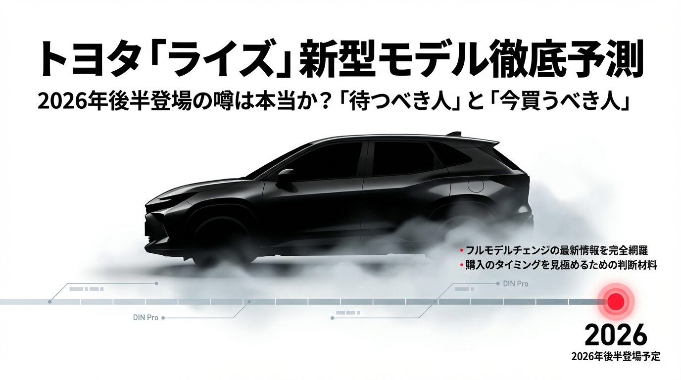 2026年後半に登場が噂される新型ライズのシルエットとタイムラインを示すスライド