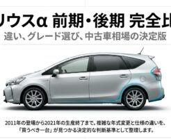 プリウスαの前期型と後期型を徹底比較するガイドの表紙画像。車両のサイドビュー写真が掲載されています。