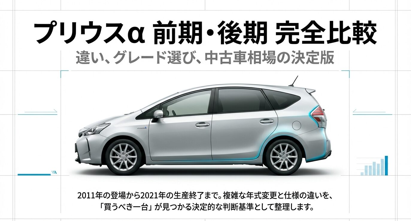 プリウスαの前期型と後期型を徹底比較するガイドの表紙画像。車両のサイドビュー写真が掲載されています。