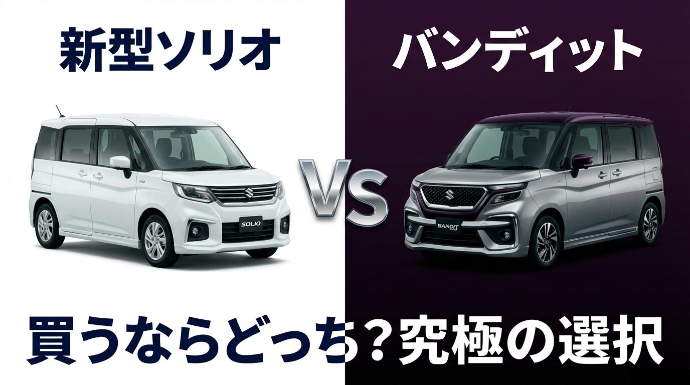 新型ソリオとソリオバンディットの車両イメージと「究極の選択」の文字