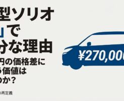 新型ソリオのシルエットに27万円の文字が重なる、Gグレードの価値を問うスライド。