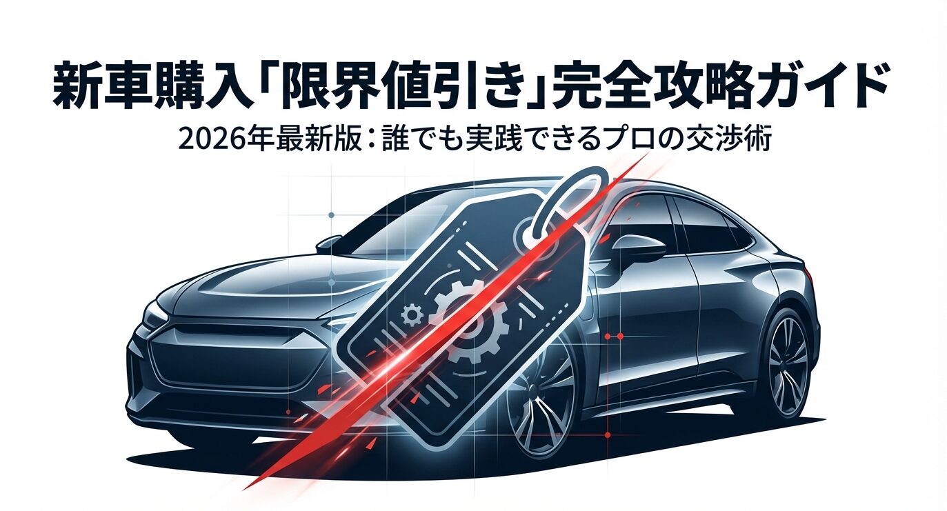新車のシルエットを背景に「新車購入 限界値引き 完全攻略ガイド 2026年最新版」と書かれたメインビジュアル