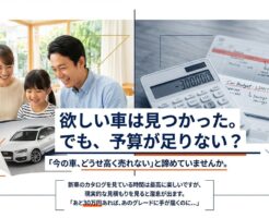 車の買い替え予算が足りない悩みと、あと30万円あればグレードに手が届くというイメージ。