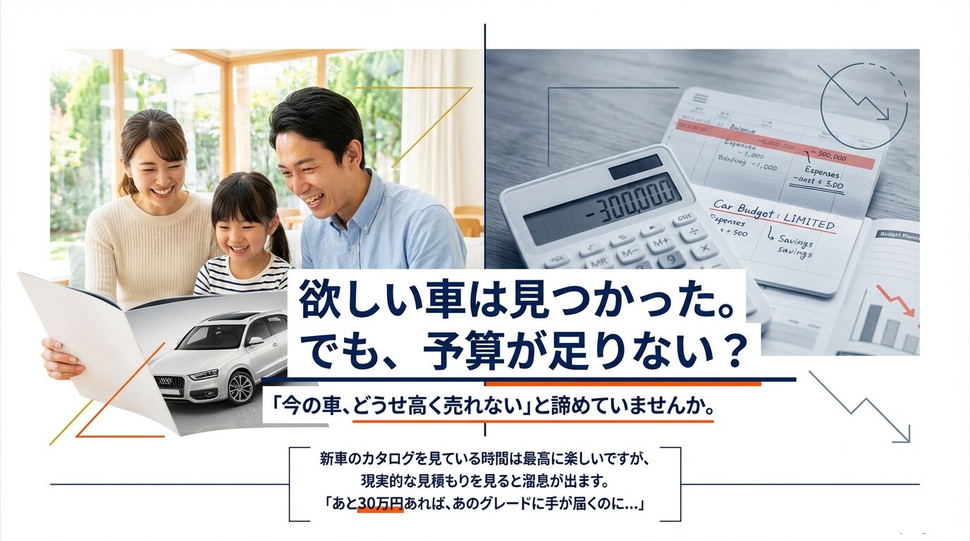 車の買い替え予算が足りない悩みと、あと30万円あればグレードに手が届くというイメージ。