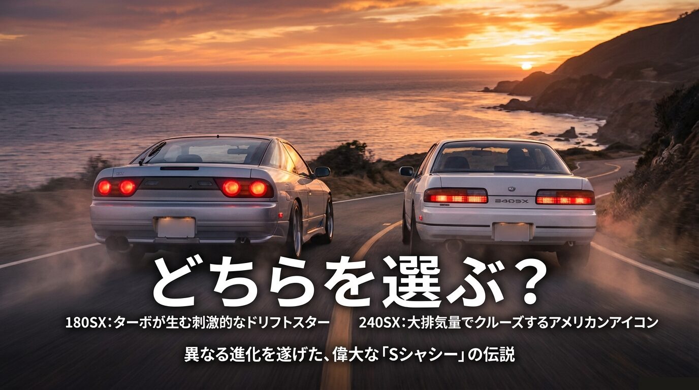 ターボの刺激を求めるなら180SX、アメリカンアイコンとしてクルーズするなら240SX、という用途別の最終結論をまとめたスライド