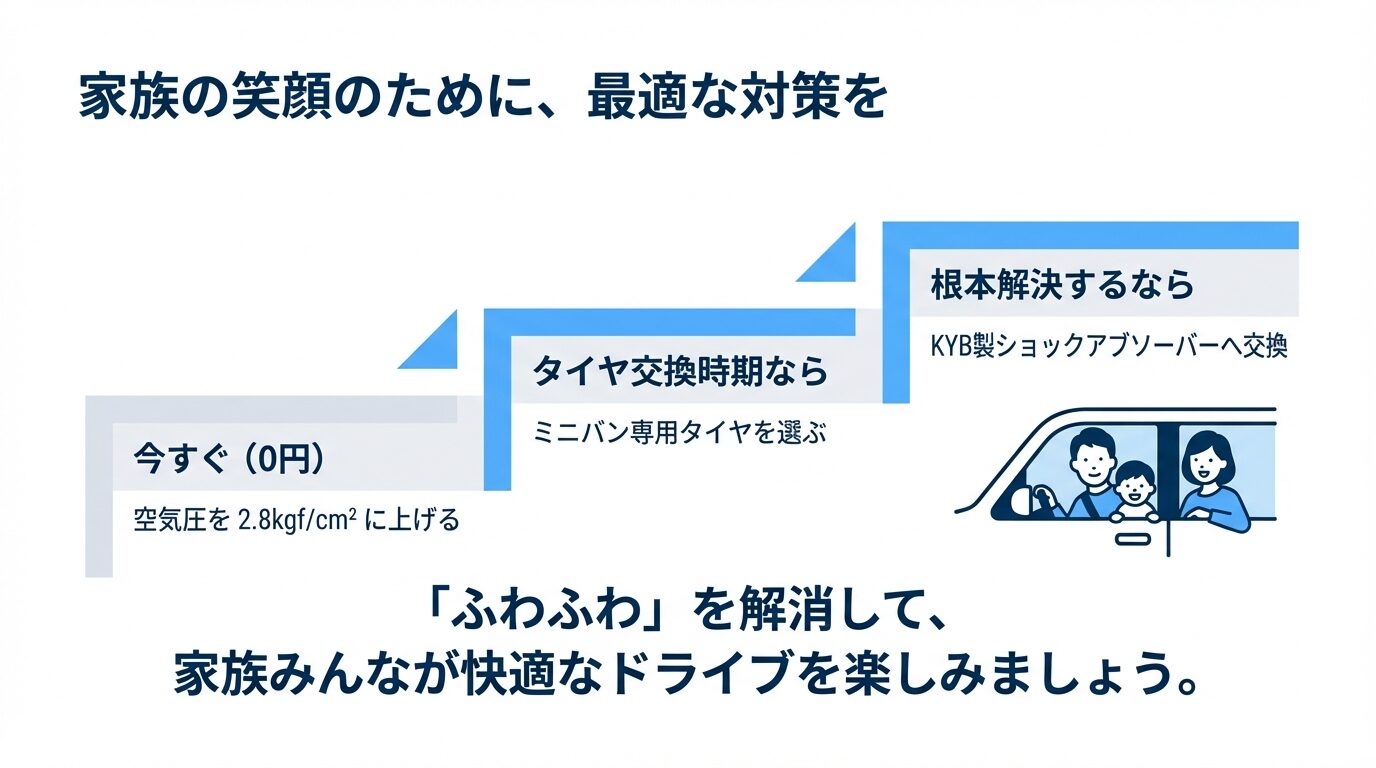 家族の笑顔と、空気圧・タイヤ・ショック交換の3つの対策をまとめたイラスト