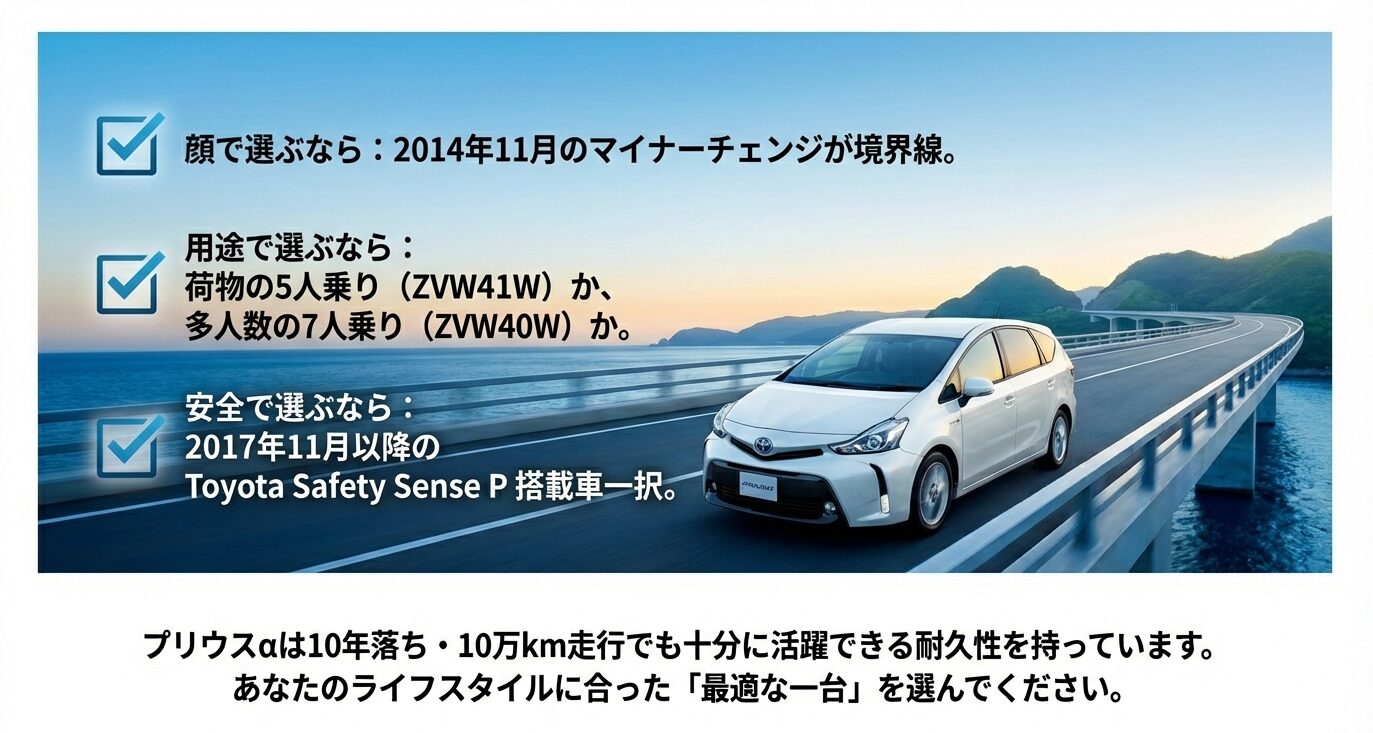 顔のデザイン、用途（5人/7人）、安全性能の3つのポイントから、自分に合った一台を選ぶための決定基準をまとめたスライド。