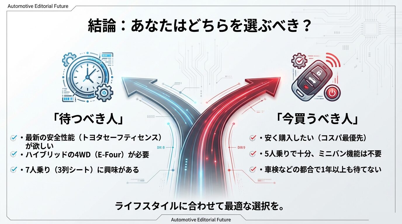 最新性能を求める「待つべき人」と、コスパや早期納車を重視する「今買うべき人」の条件をまとめたスライド