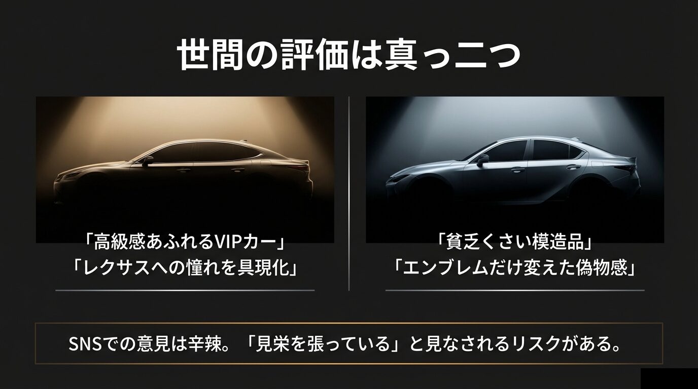 「貧乏くさい模造品」「エンブレムだけ変えた偽物感」といったSNSの厳しい意見をまとめたスライド