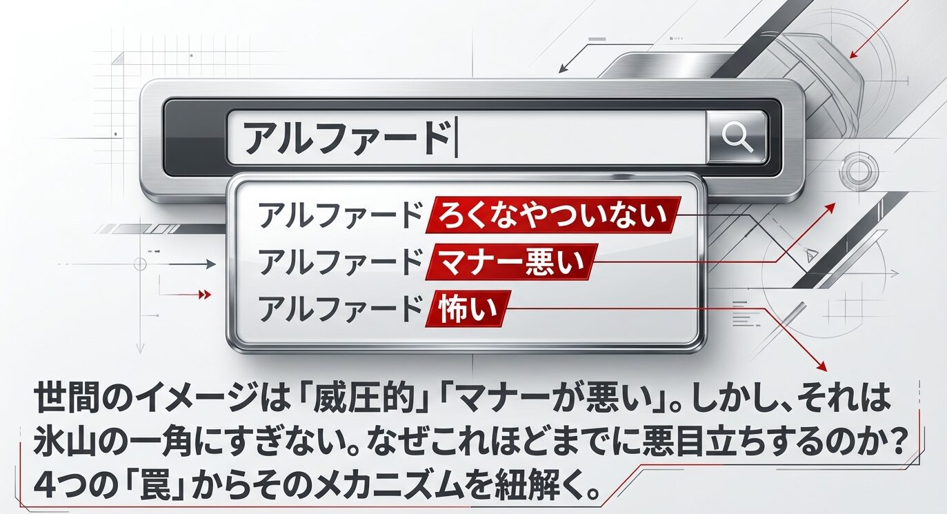 アルファードの世間のイメージ（威圧的・マナーが悪い）が氷山の一角であることを示し、その裏にある4つの罠を紐解く導入スライド。