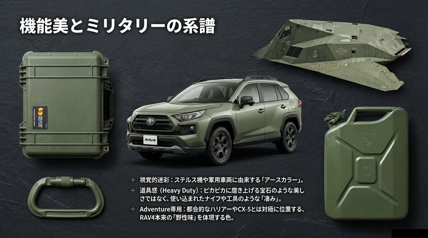 ミリタリーケースとRAV4アーバンカーキを並べ、使い込まれた工具のような凄みを解説する画像